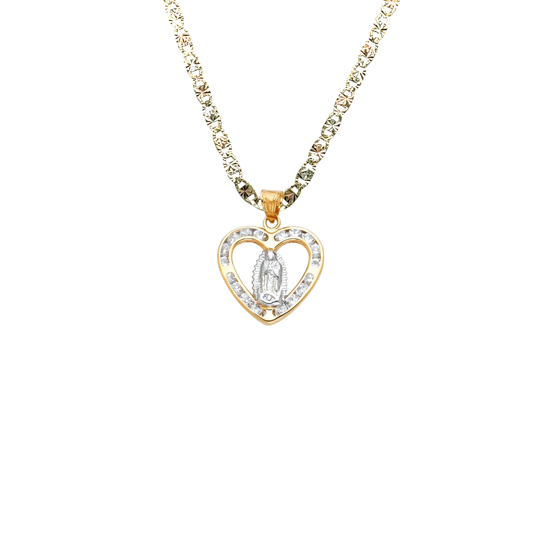 14k Gold Virgin Mary Necklace - Two Tone Heart Virgin Mary Gold Pendant - Solid Chain - LE0386