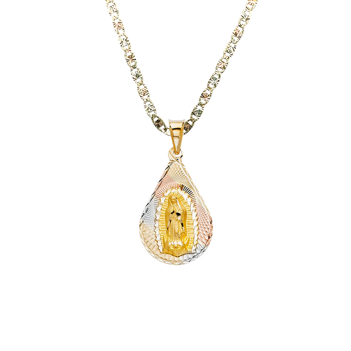 14k Gold Virgin Mary Necklace - Tri Color Diamond Cut Teardrop Virgin Mary Gold Pendant - Solid Chain - LE0342