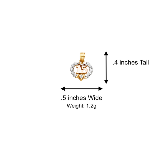 14k Quince Gold Necklace - Gemstone Heart 15 Años Gold Pendant - Solid Chain - LE0367