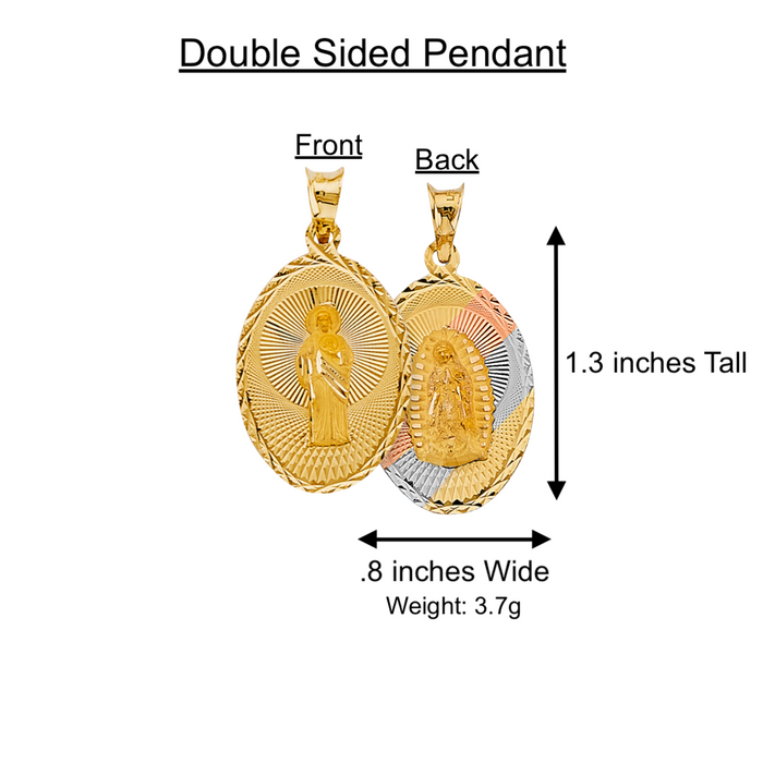 14k Gold Virgin Mary Necklace - Tri Tone Diamond Cut Double Sided Virgin Mary San Judas Gold Pendant - Solid Chain - LE3152