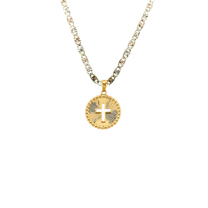 14k Gold Cross Necklace - Diamond Cut Medallion Gold Cross - Solid Chain - LE2738