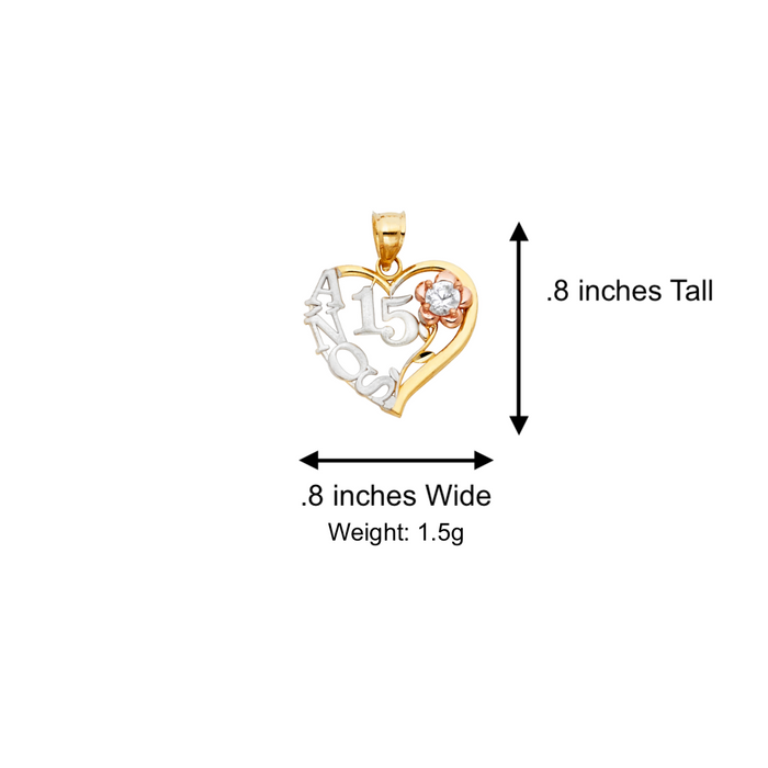 14k Quince Gold Necklace - Tri Tone Gemstone Heart Flower 15 Años Gold Pendant - Solid Chain - LE0358