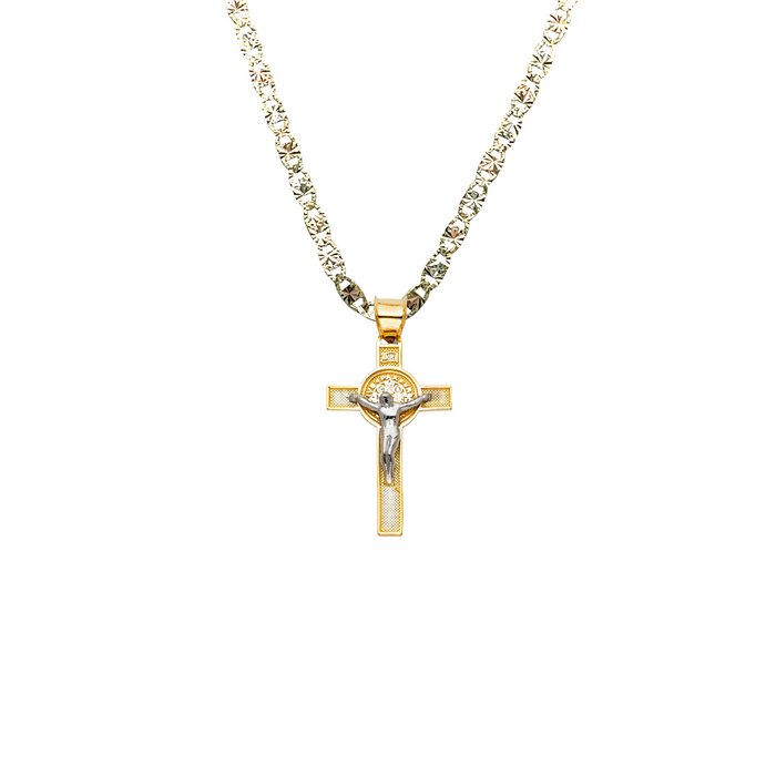 14k Gold Medalla San Benito - Two Tone Cross San Benito Gold Pendant - Solid Chain - LE0037