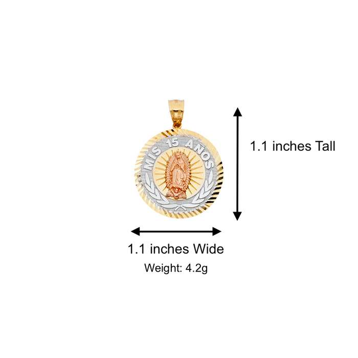 14k Quince Gold Necklace - Tri Tone Virgin Mary Mis 15 Años Gold Pendant - Solid Chain - LE1897