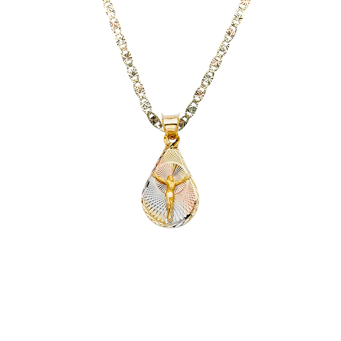 14k Gold Jesus Necklace - Tri Tone Teardrop Diamond Cut Jesus Gold Pendant - Solid Chain - LE0344