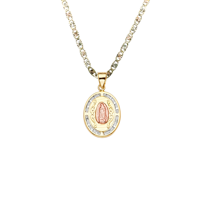 14k Gold Virgin Mary Necklace - Gemstone Oval Virgin Mary Gold Pendant - Solid Chain - LE2319