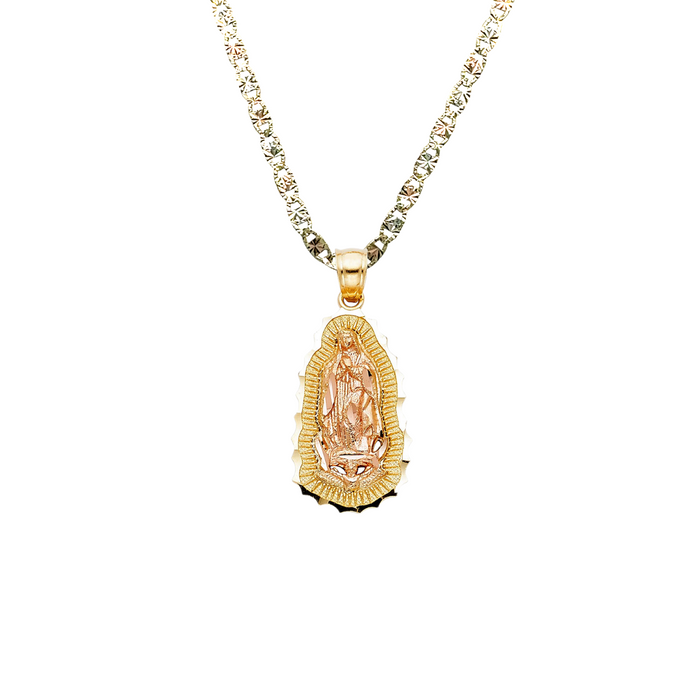 14k Gold Virgin Mary Necklace - Two Tone Radiant Virgin Mary Gold Pendant - Solid Chain - LE1084