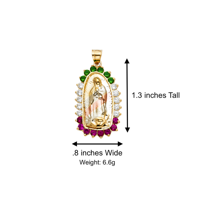14k Gold Virgin Mary Necklace - Tri Color Gemstone Virgin Mary Gold Pendant - Solid Chain - LE1073