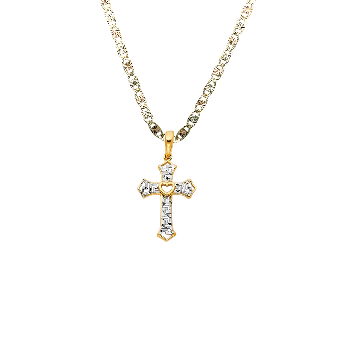 14k Gold Cross Necklace - Two Tone Heart Gold Cross - Solid Chain - LE0761