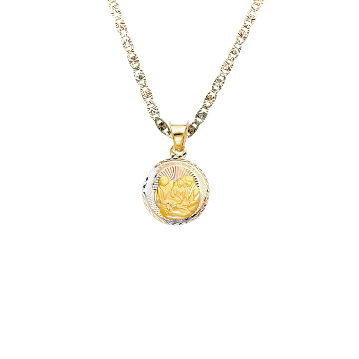 14k Gold Virgin Mary Necklace - Double Sided Baptism Virgin Mary Gold Pendant - Solid Chain - LE0315