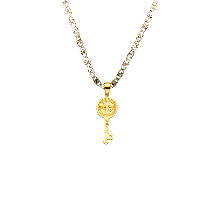 14k Gold Medalla San Benito - Key San Benito Gold Pendant - Solid Chain - LE2267