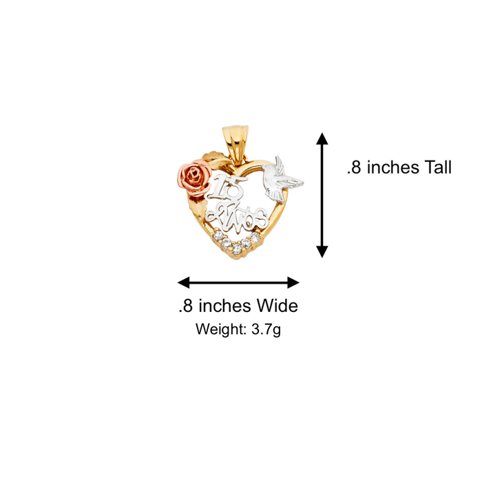 14k Quince Gold Necklace - Tri Tone Gemstone Heart Flower Dove 15 Gold Pendant - Solid Chain - LE1864