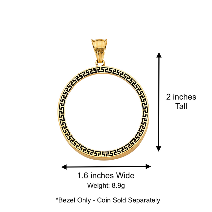 14k Gold Centenario De Oro Necklace - Black Enamel Greek Design Bezel - Solid Figaro Chain - LE2754