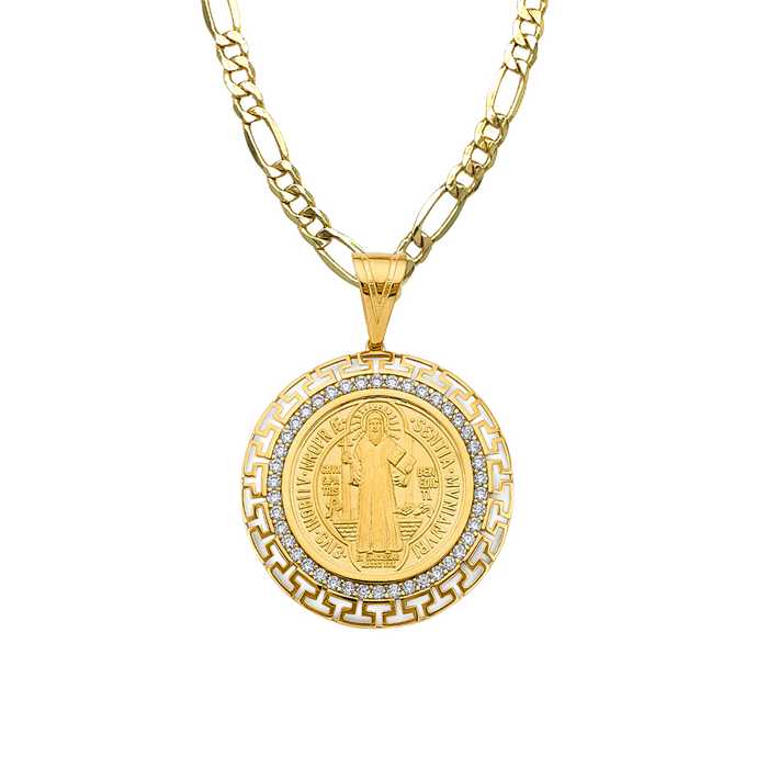 14k Gold Medalla San Benito - Large Gemstone San Benito Gold Pendant - Solid Chain - LE2870
