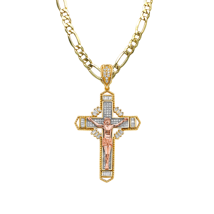 14k Gold Cross Necklace - Tri Tone Gemstone Large Gold Crucifix - Solid Figaro Chain - LE3045