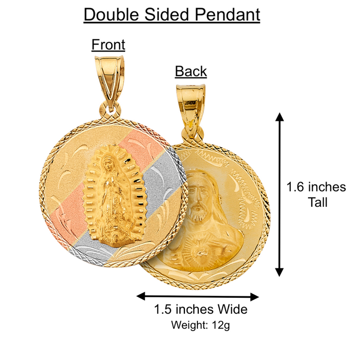 14k Gold Jesus Necklace - Tri Tone Double Sided Virgin Mary Sacred Heart Jesus Gold Pendant - Solid Chain - LE2805