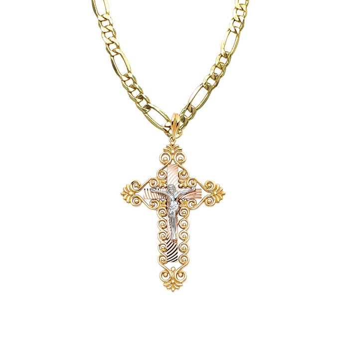 14k Gold Cross Necklace - Tri Tone Large Gold Crucifix - Solid Figaro Chain - LE0859