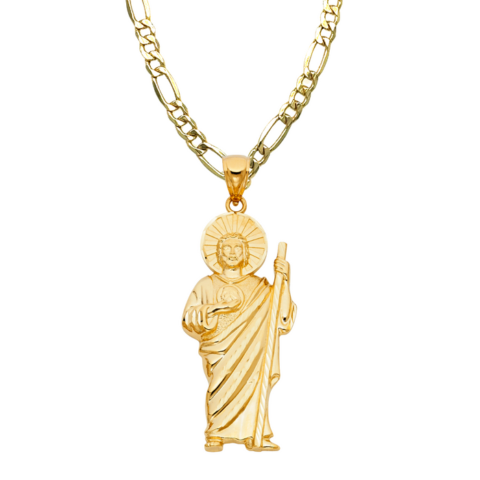 14k Gold San Judas Chain - Large Diamond Cut All Yellow Gold San Judas Pendant - Solid Chain - LE1136