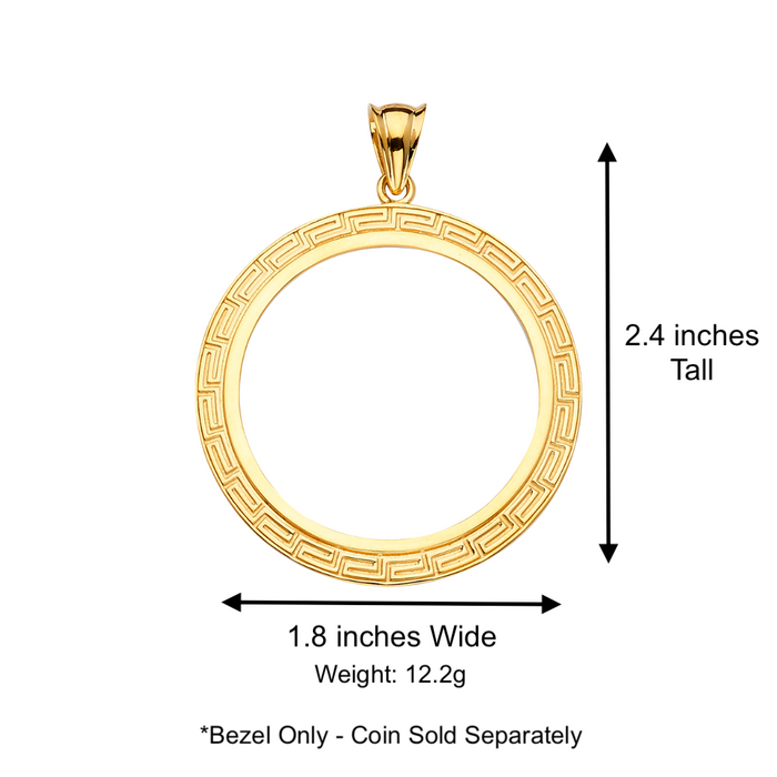 14k Gold Centenario De Oro Necklace - High Polish Greek Design Bezel - Solid Figaro Chain - LE2063