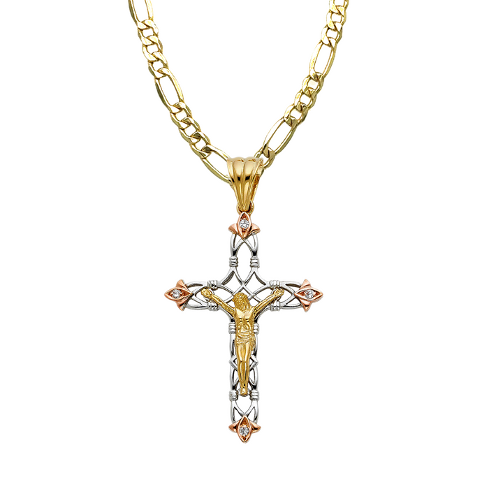 14k Gold Cross Necklace - Tri Tone Gemstone Large Gold Crucifix - Solid Figaro Chain - LE0936