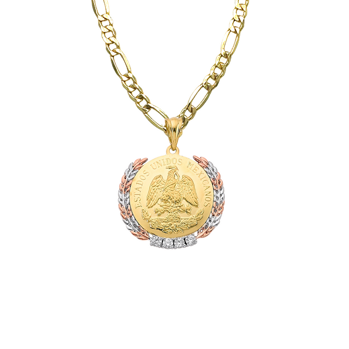 14k Gold Centenario De Oro Necklace - Gemstone Tri Tone Wreath Bezel - Solid Figaro Chain - LE3252