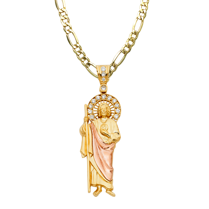 14k Gold San Judas Chain - Two Tone Gemstone Halo Gold San Judas Pendant - Solid Chain - LE1138