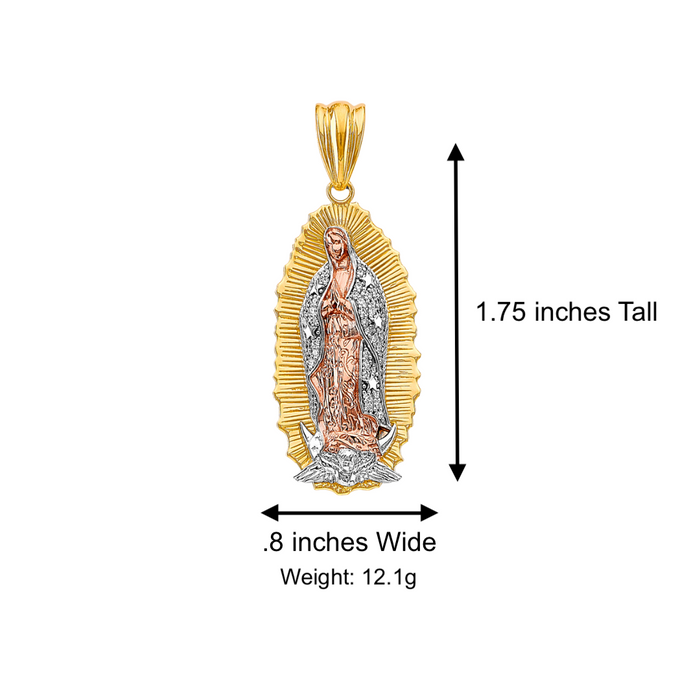 14k Gold Virgin Mary Necklace - Large Tri Tone Gemstone Virgin Mary Gold Pendant - Solid Chain - LE3182