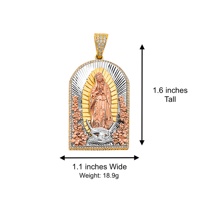 14k Gold Virgin Mary Necklace - Large Tri Tone Gemstone Altar Virgin Mary Gold Pendant - Solid Chain - LE3186