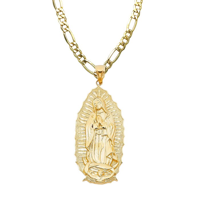 14k Gold Virgin Mary Necklace - Large Full Body Radiant Virgin Mary Gold Pendant - Solid Chain - LE1072
