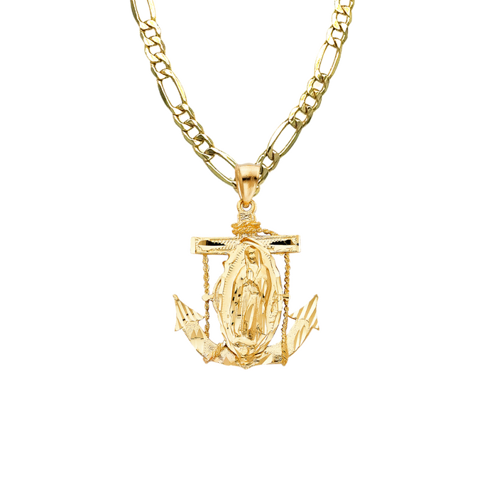 14k Gold Virgin Mary Necklace - Anchor Virgin Mary Gold Pendant - Solid Chain - LE1232