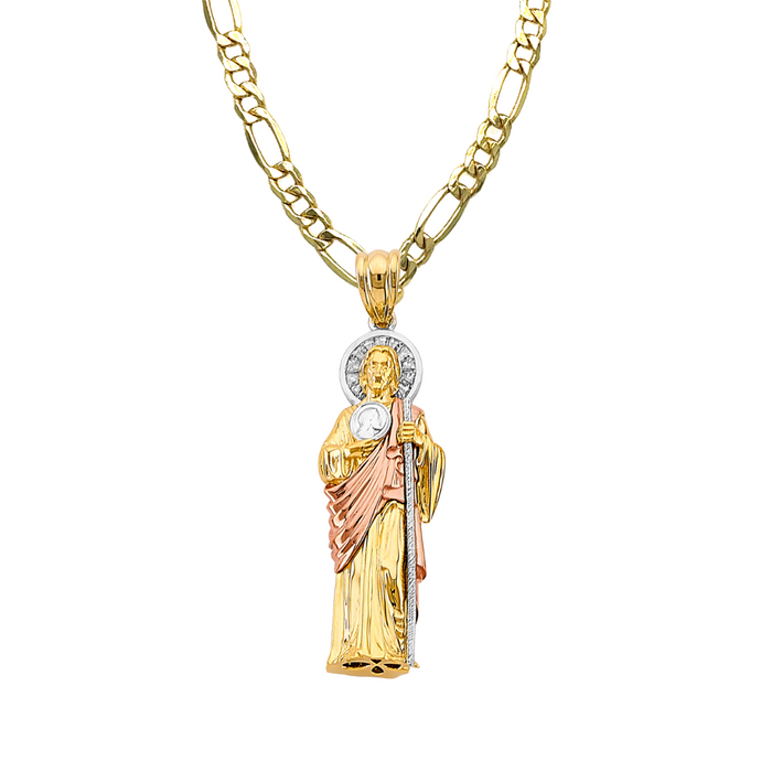 14k Gold San Judas Chain - Tri Tone 3D Full Body Gemstone Halo San Judas Pendant - Solid Chain - PT3162