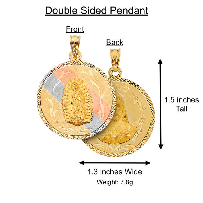 14k Gold Jesus Necklace - Tri Tone Double Sided Virgin Mary Sacred Heart Jesus Gold Pendant - Solid Chain - LE3142