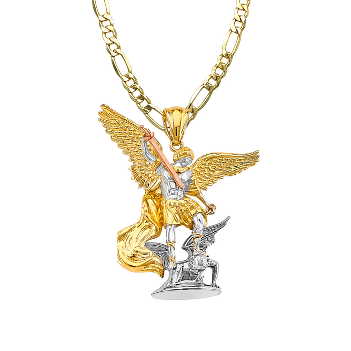 14k Gold Saint Michael Pendant - Tri Tone 3D Full Body Archangel Gold Pendant - Solid Chain - LE3173