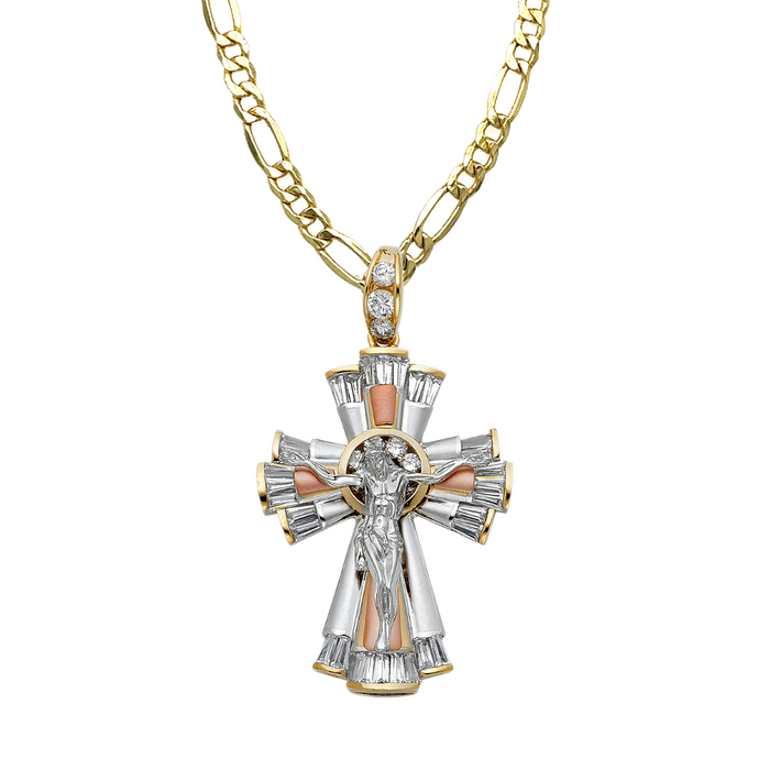 14k Gold Cross Necklace - Tri Tone Gemstone Large Gold Crucifix - Solid Figaro Chain - LE0933