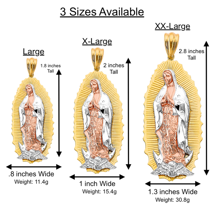 14k Gold Virgin Mary Necklace - XLarge Tri Tone Full Body Virgin Mary Gold Pendant - Solid Chain - LE3176