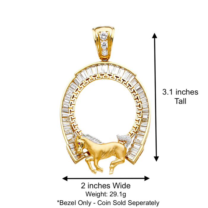 14k Gold Centenario De Oro Necklace - Two Tone Herradura Gemstone Bezel - Solid Figaro Chain - LE2058