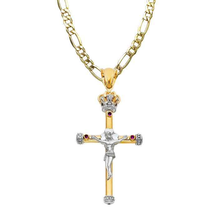 14k Gold Cross Necklace - Crown Gemstone Large Gold Crucifix - Solid Figaro Chain - LE0925