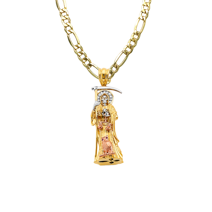 14k Gold Santa Muerte Necklace - Large 3D Full Body Gemstone Halo Santa Muerte Gold Pendant - Solid Chain - LE3009