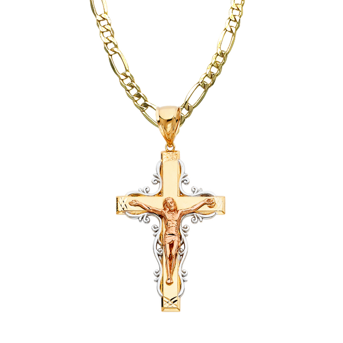 14k Gold Cross Necklace - Tri Tone Fancy Ornate Large Gold Crucifix - Solid Figaro Chain - LE0973