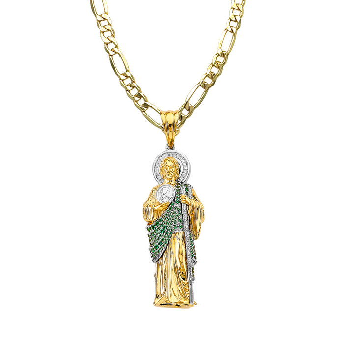 14k Gold San Judas Chain - Large 3D Full Body Green Gemstone  Gold San Judas Pendant - Solid Chain - LE3167