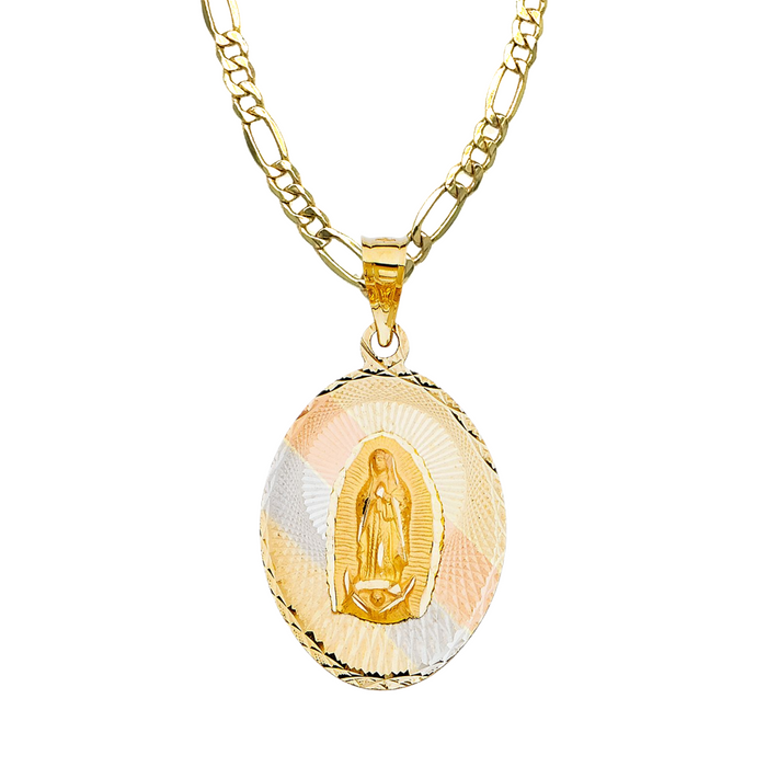 14k Gold Virgin Mary Necklace - Large Tri Tone Diamond Cut Virgin Mary Gold Pendant - Solid Figaro Chain - LE0321