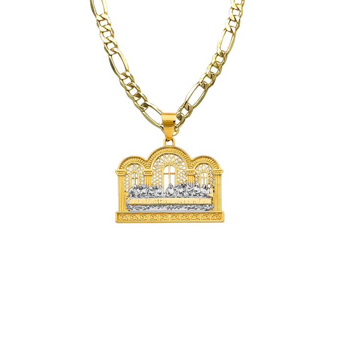 14k Gold Jesus Necklace - Two Tone Last Supper Jesus Gold Pendant - Solid Chain - LE2768