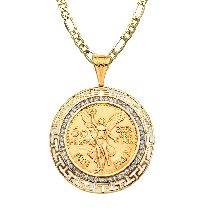 14k Gold Centenario De Oro Necklace - Gemstones Greek Design Bezel - Solid Figaro Chain - LE2758