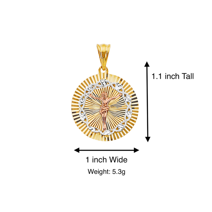 14k Gold Jesus Necklace - Tri Tone Diamond Cut Round Jesus Gold Pendant - Solid Chain - LE3200