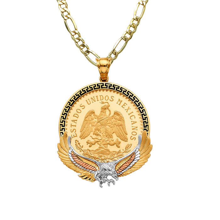 14k Gold Centenario De Oro Necklace - Tri Tone Eagle Greek Design Bezel - Solid Figaro Chain - LE2760