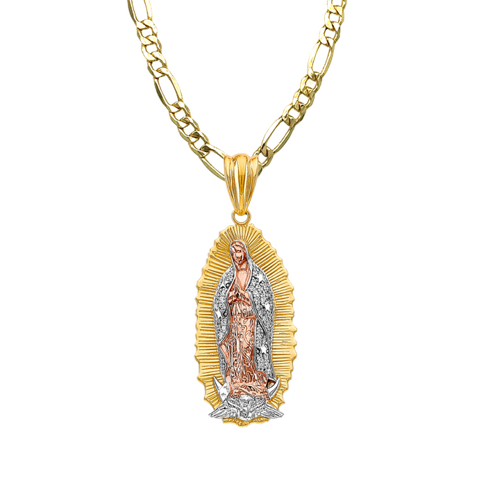 14k Gold Virgin Mary Necklace - Large Tri Tone Gemstone Virgin Mary Gold Pendant - Solid Chain - LE3182
