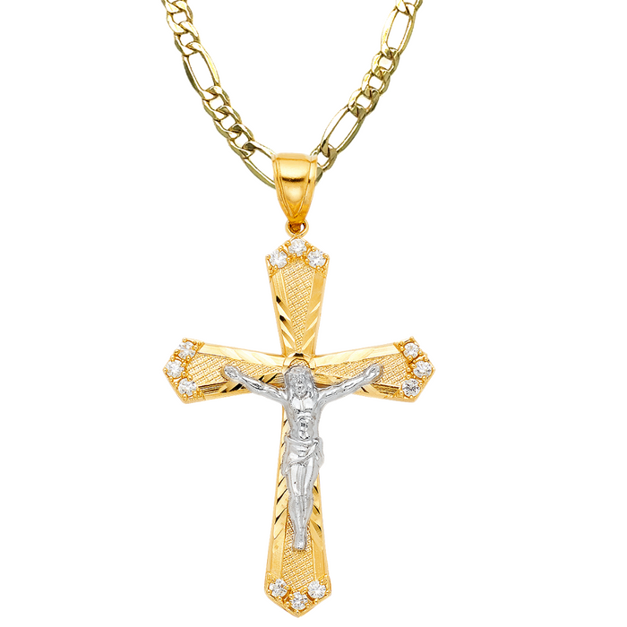 14k Gold Cross Necklace - Gemstone Large Gold Crucifix - Solid Figaro Chain - LE1217