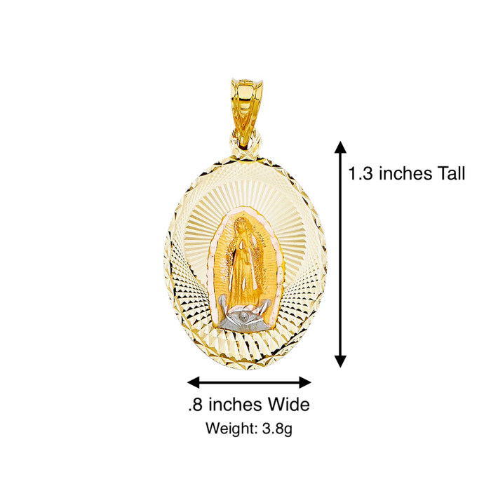 14k Gold Virgin Mary Necklace - Large Diamond Cut Oval Virgin Mary Gold Pendant - Solid Chain - LE0328