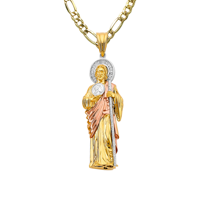 14k Gold San Judas Chain - Large 3D Full Body Tri Tone Gemstone Halo Gold San Judas Pendant - Solid Chain - LE3161
