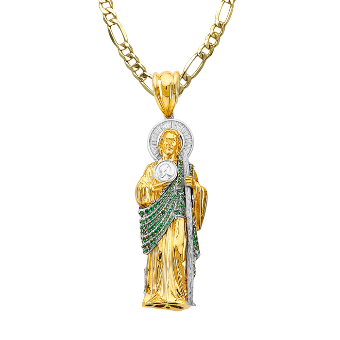 14k Gold San Judas Chain - XLarge 3D Full Body Green Gemstone Gold San Judas Pendant - Solid Chain - LE3168